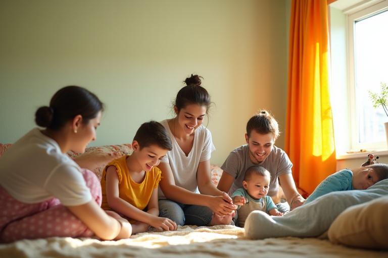 Familia con niños en hogar pintado con productos no tóxicos
